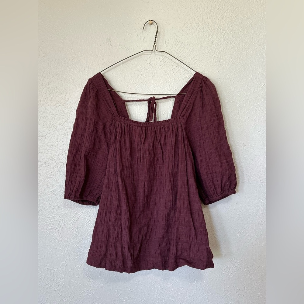 Wishlist Apparel purple long sleeve linen ruffle smocked square neck blouse too